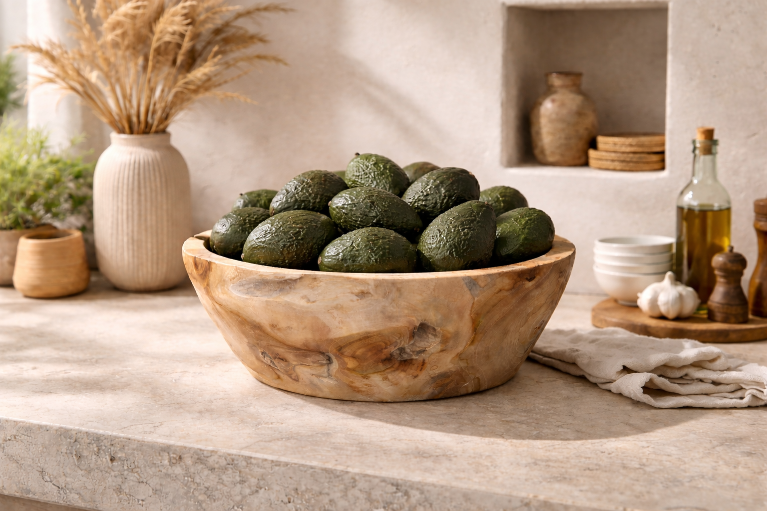 Large natural teak serving bowl filled with avocados, styled on a stone kitchen bench with neutral ceramics and olive oil in the background.