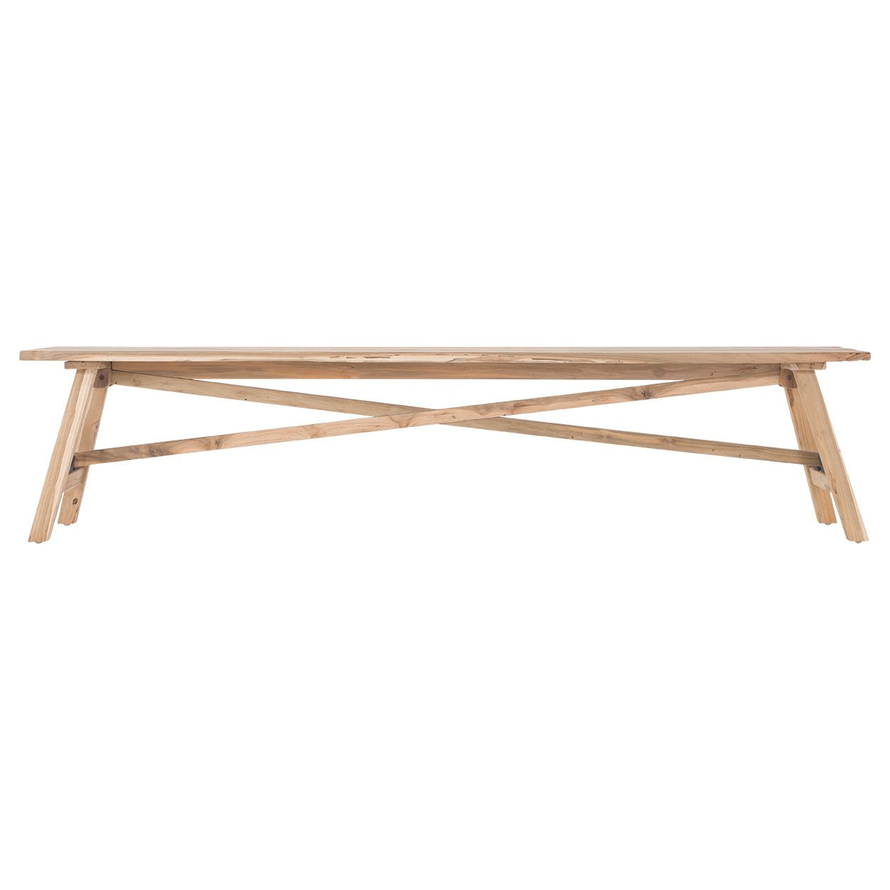 Natural timber teak wooden bench seat with a minimalist cross-brace design, suitable for indoor and outdoor living spaces