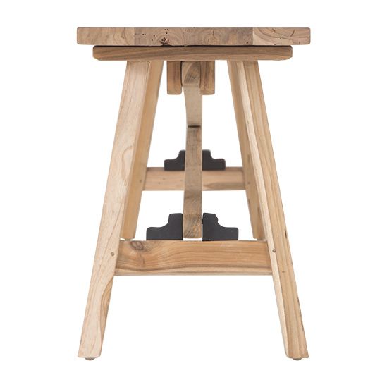 Natural timber teak wooden bench seat with a minimalist cross-brace design, suitable for indoor and outdoor living spaces