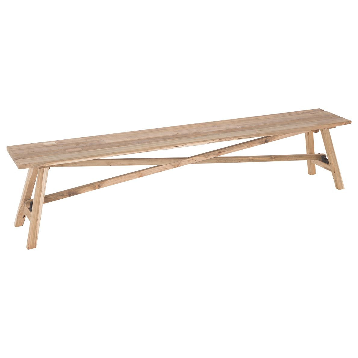 Natural timber teak wooden bench seat with a minimalist cross-brace design, suitable for indoor and outdoor living spaces