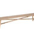 Natural timber teak wooden bench seat with a minimalist cross-brace design, suitable for indoor and outdoor living spaces