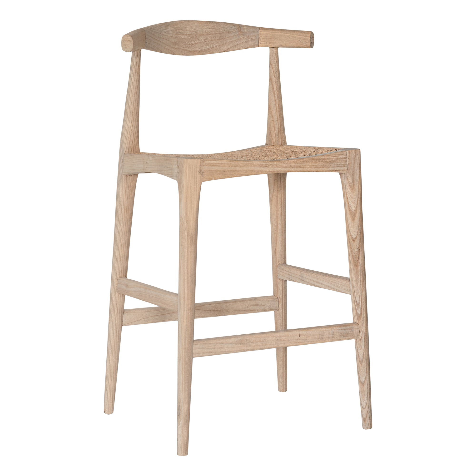 Scandinavian rattan and sungkai bar stool with a minimalist design and curved backrest, perfect for modern interiors