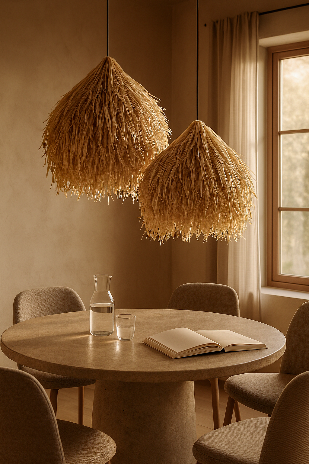 Tenuta Pendant hanging above a timber bedside table styled with a ceramic vase in a warm, neutral-toned bedroom with linen bedding