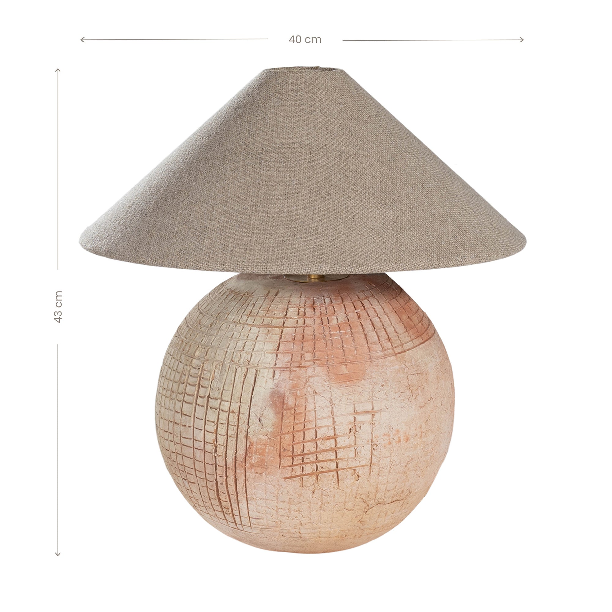 Terracotta table lamp featuring a textured spherical base with intricate grid detailing and a wide conical fabric shade in a neutral tone