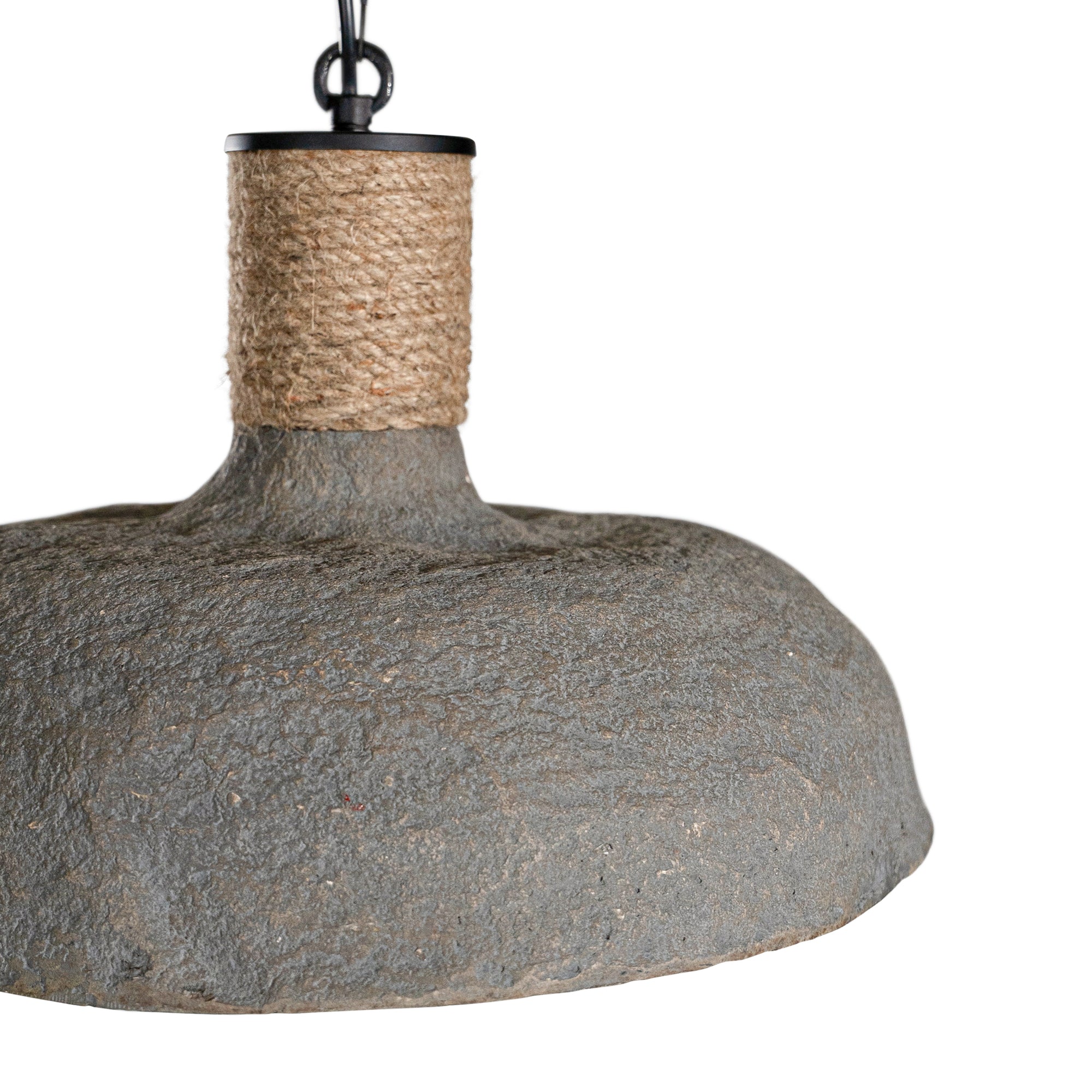 dark textured paper mache pendant light with rope detailing, adding coastal style and rustic elegance to interior decor