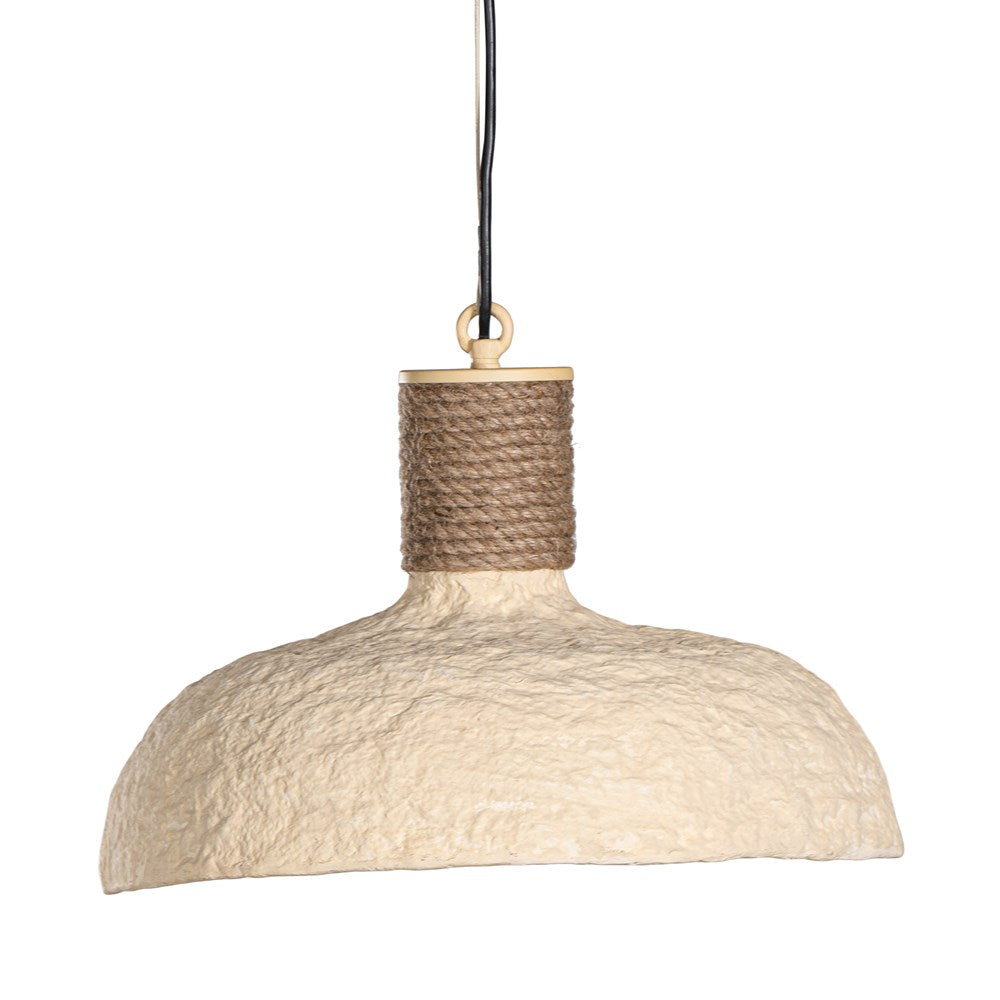 Natural textured paper mache pendant light with rope detailing, adding coastal style and rustic elegance to interior decor