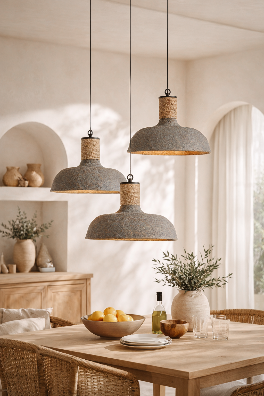 Terran fossil pendant cluster with textured stone finish and natural rope detail, suspended above a timber dining table in a warm neutral interior with woven chairs and soft daylight.
