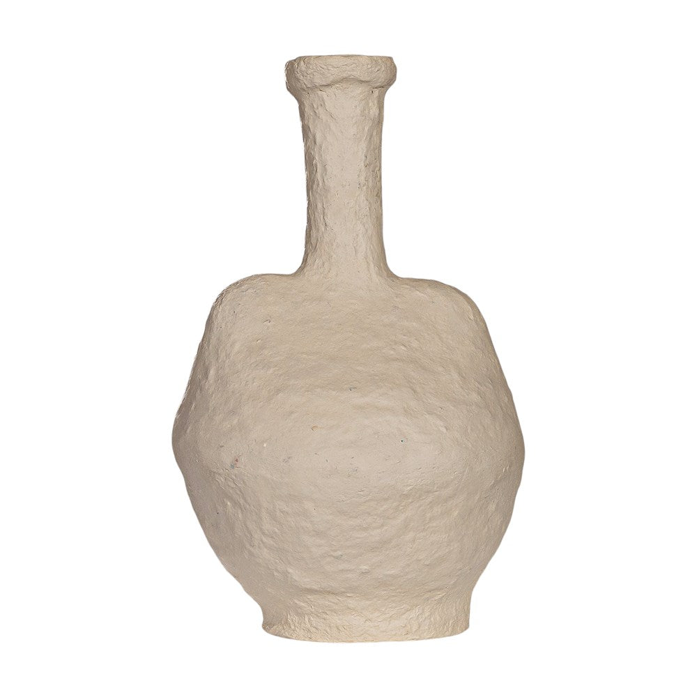 Textured paper mache vase with a tall neck in a neutral tone, perfect for modern and minimalist home decor