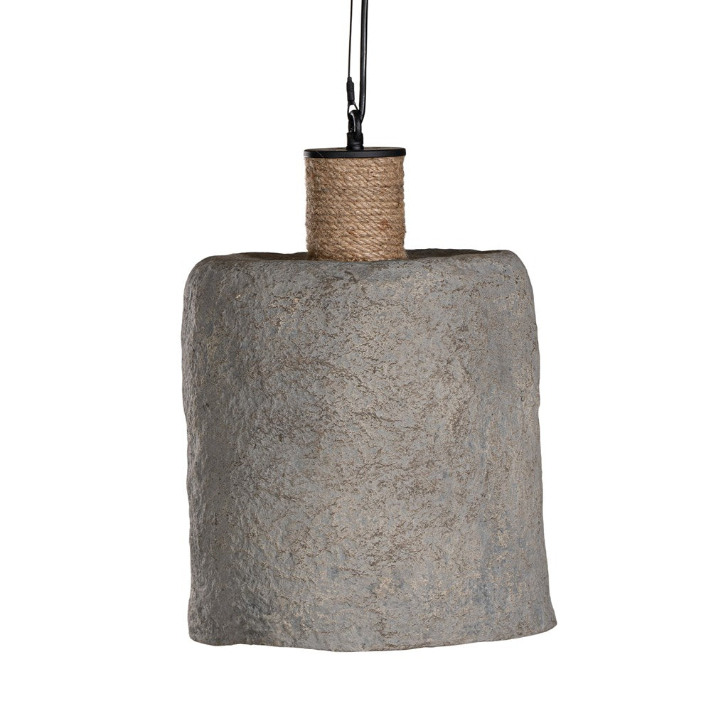 Rustic textured paper mache pendant light with a raw, organic finish and a natural rope accent, ideal for adding earthy elegance to modern interiors