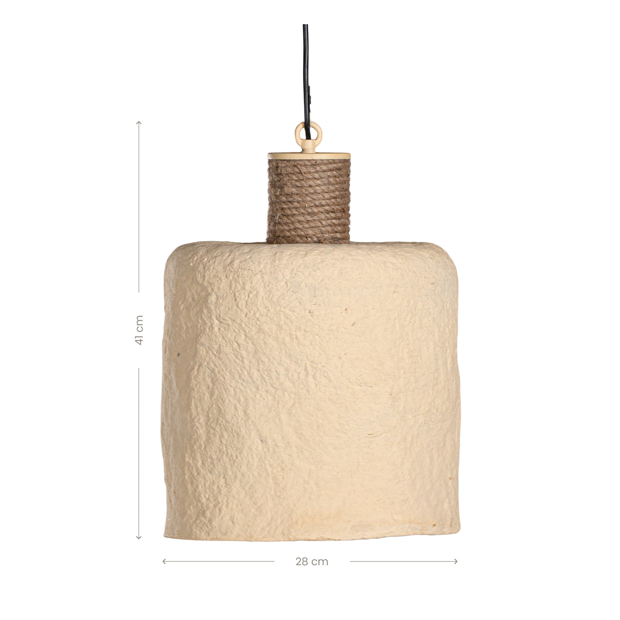 Rustic textured paper mache pendant light with a raw, organic finish and a natural rope accent, ideal for adding earthy elegance to modern interiors
