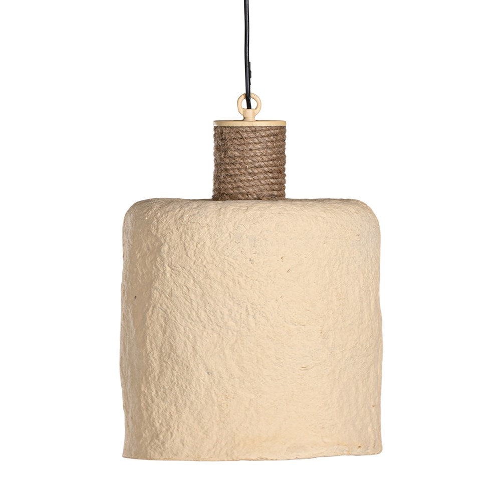 Rustic textured paper mache pendant light with a raw, organic finish and a natural rope accent, ideal for adding earthy elegance to modern interiors