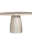 A luxurious round dining table crafted from natural travertine stone, featuring a sculptural pedestal base and smooth, polished finish. Perfect for contemporary and minimalist interiors