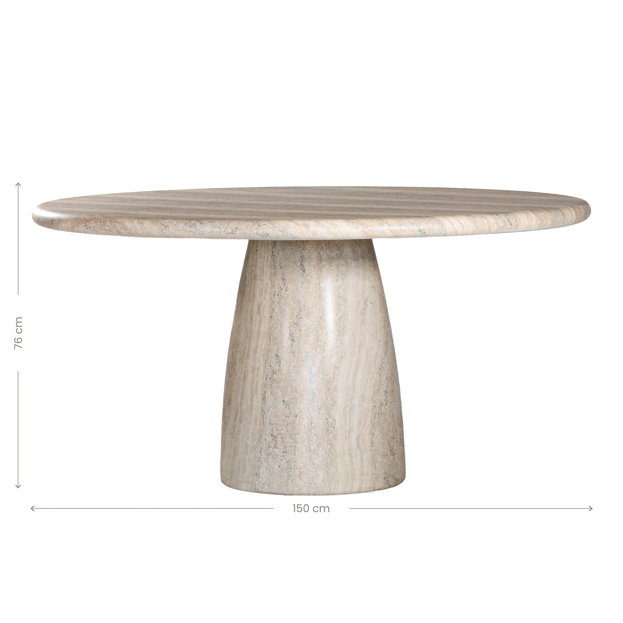 A luxurious round dining table crafted from natural travertine stone, featuring a sculptural pedestal base and smooth, polished finish. Perfect for contemporary and minimalist interiors
