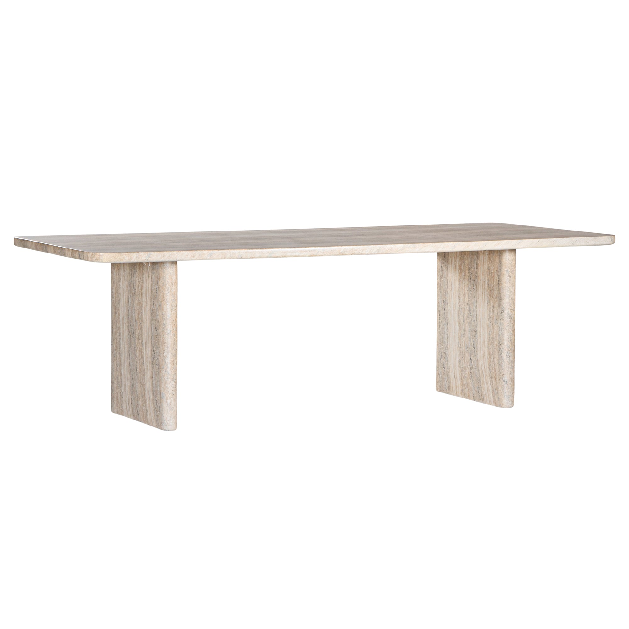 Elegant travertine hydro-dipped concrete dining table featuring a sleek rectangular top and sturdy panel legs. Crafted from natural stone, this timeless piece adds warmth and sophistication to modern dining spaces