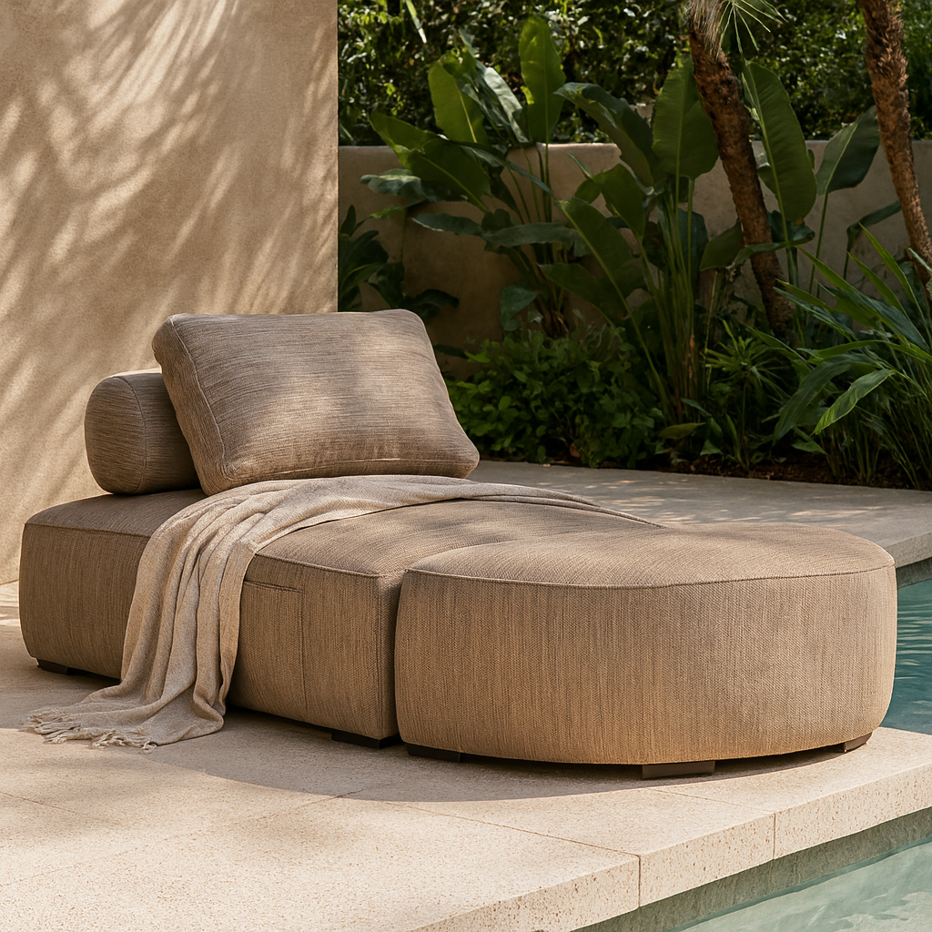 Travis Ottoman in latte fabric styled with a cushion and throw, placed beside a pool in an outdoor lounge setting with tropical greenery