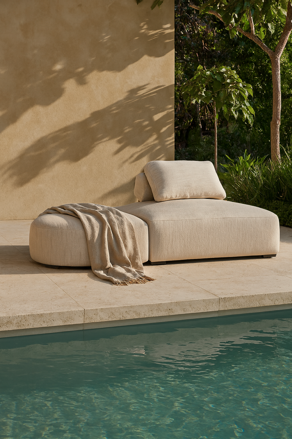 Travis Ottoman in natural fabric styled with a throw blanket, positioned poolside in an outdoor setting with stone tiles and greenery