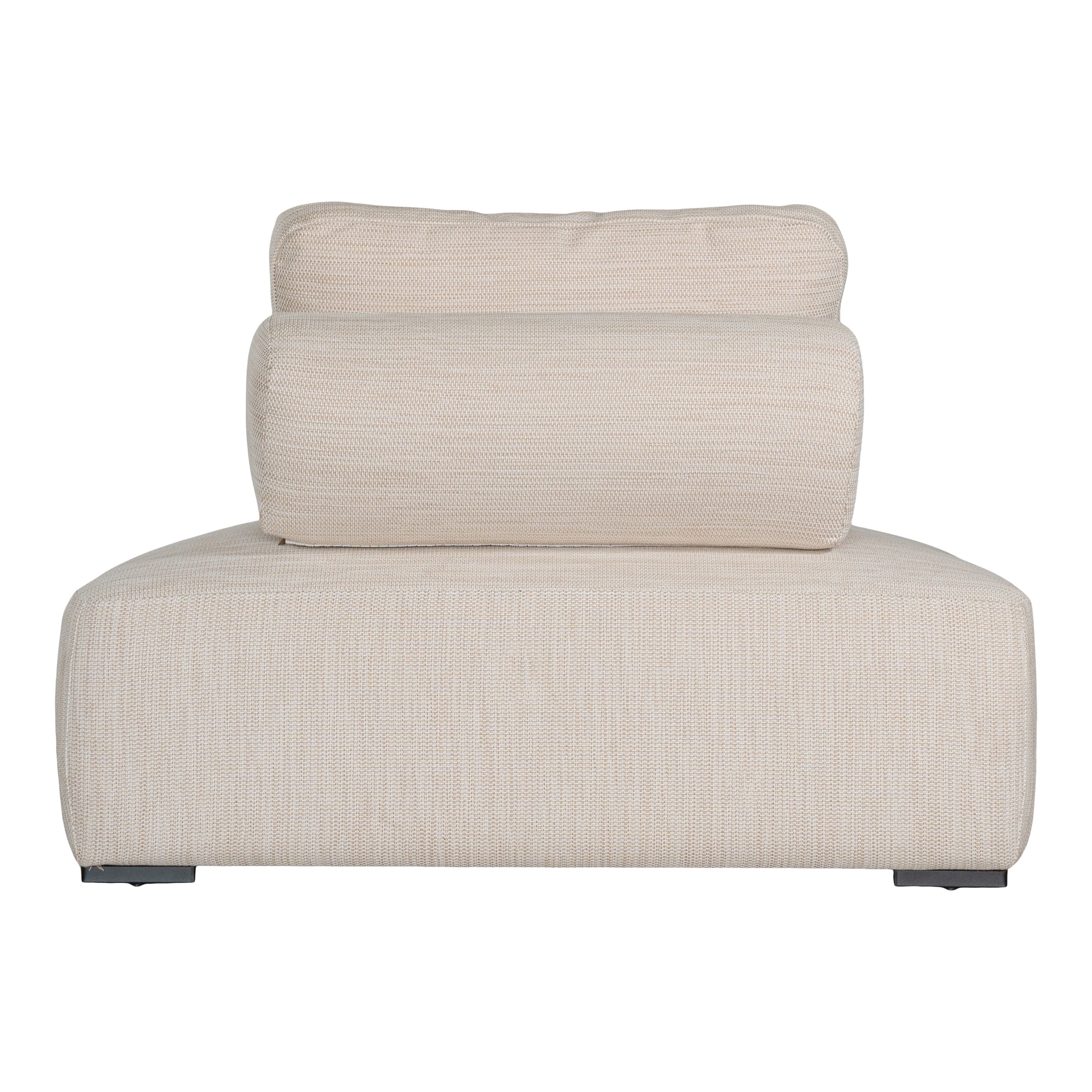 Natural textured outdoor fabric one seater lounge with plush cushion, offering luxurious and relaxing seating for contemporary interiors.