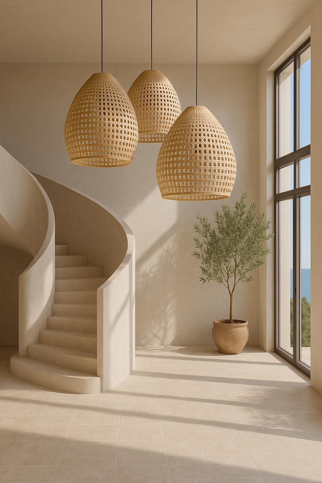 Three woven rattan pendant lights hanging above a curved stairwell in a coastal-inspired interior with natural light and potted olive tree