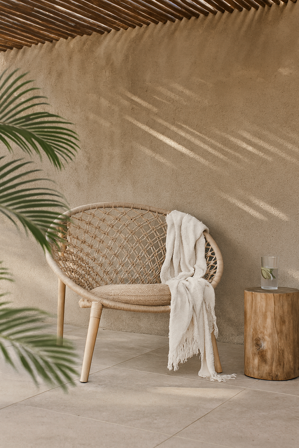Tsonga Occasional Chair with handwoven seat and backrest, styled with a neutral throw in an outdoor patio setting with timber side table and natural textures.
