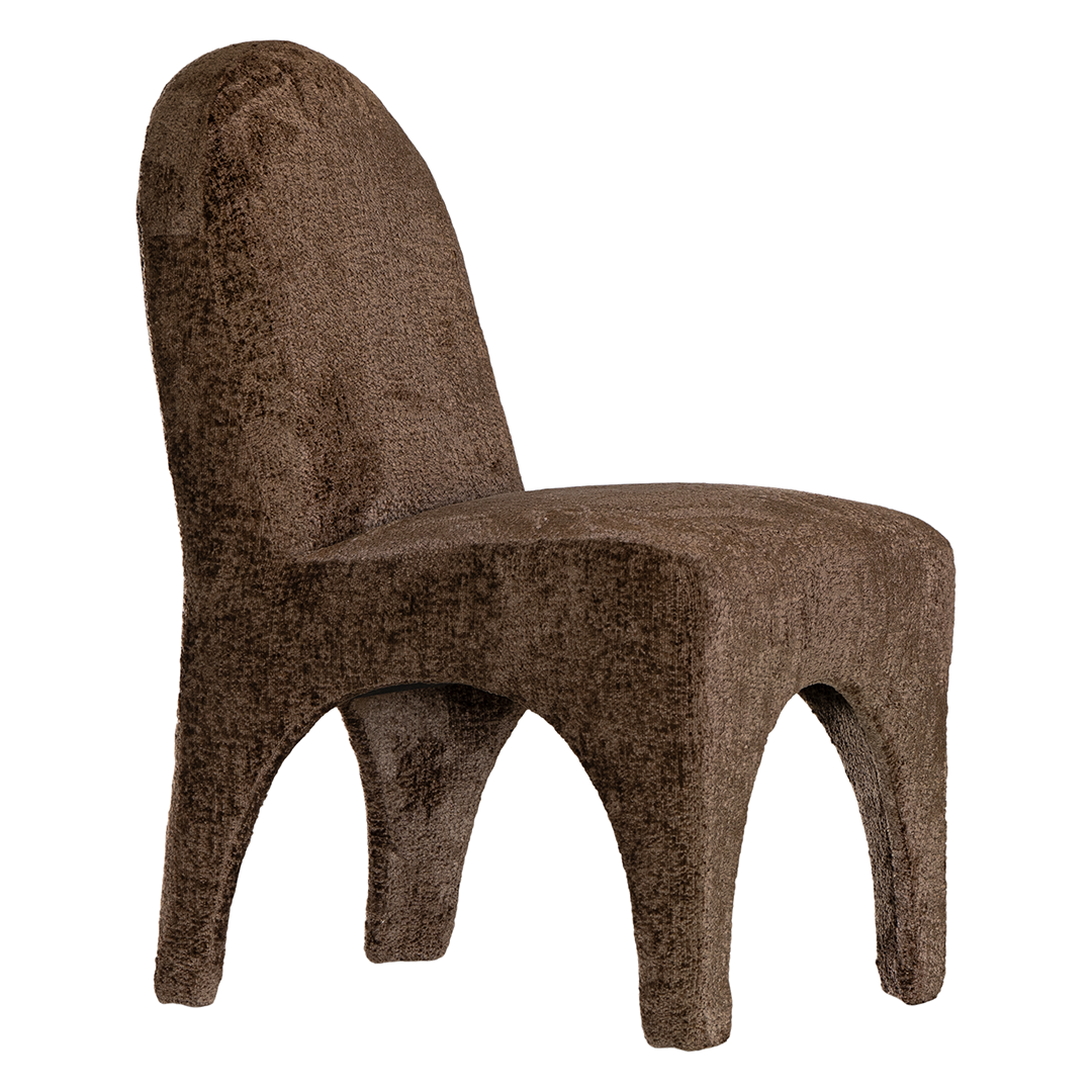 Tucan dining chair in mocha with a sculptural curved form styled for modern organic mediterranean inspired australian interiors