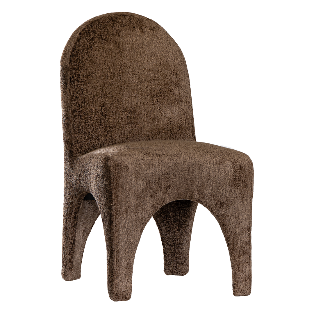 Tucan dining chair in mocha with a sculptural curved form styled for modern organic mediterranean inspired australian interiors