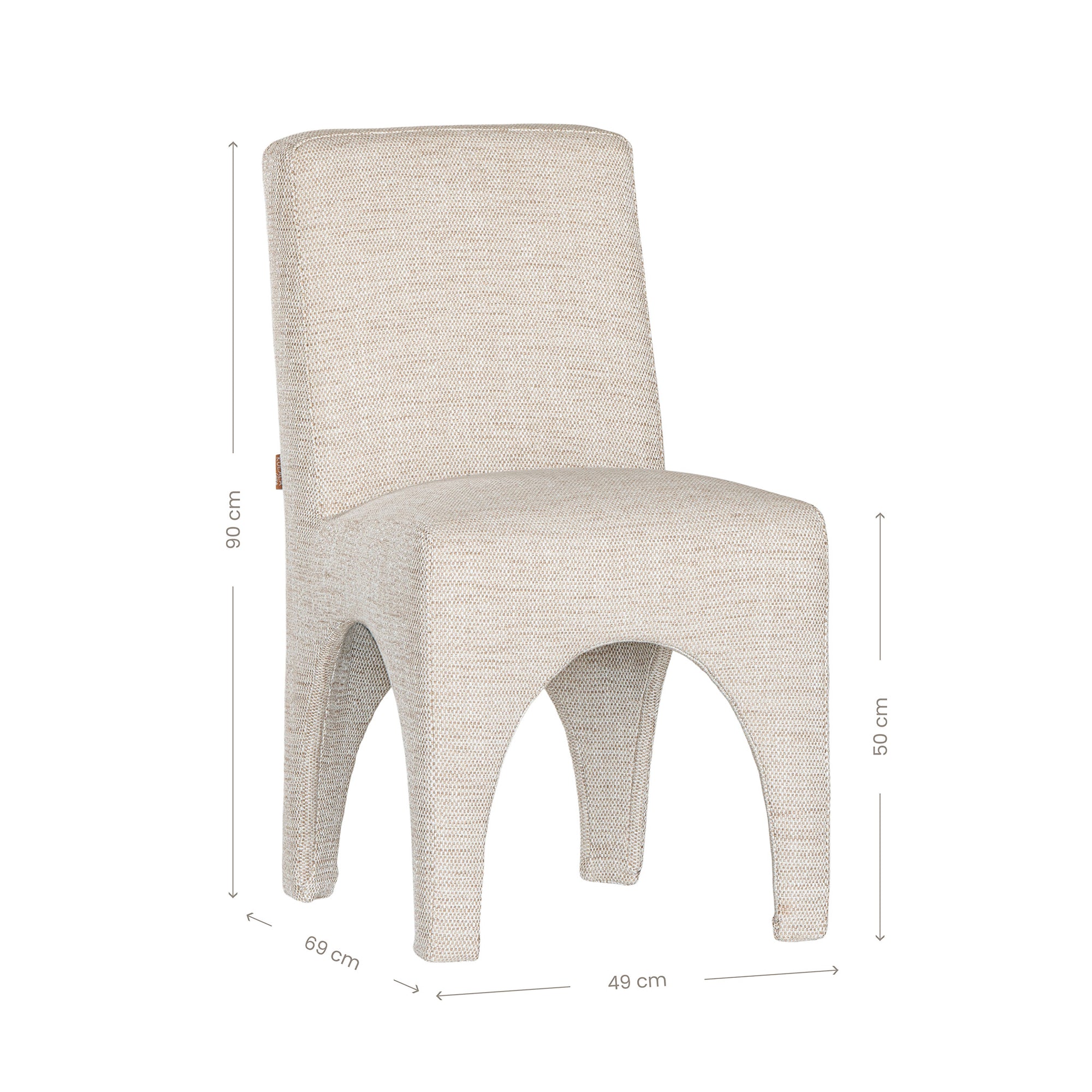 Contemporary arched dining chair upholstered in natural fabric, featuring sculptural curves and modern silhouette for refined dining spaces