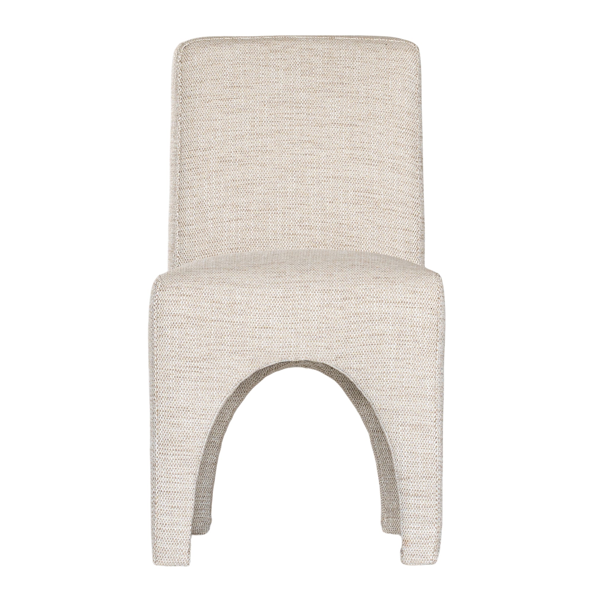 Contemporary arched dining chair upholstered in natural fabric, featuring sculptural curves and modern silhouette for refined dining spaces