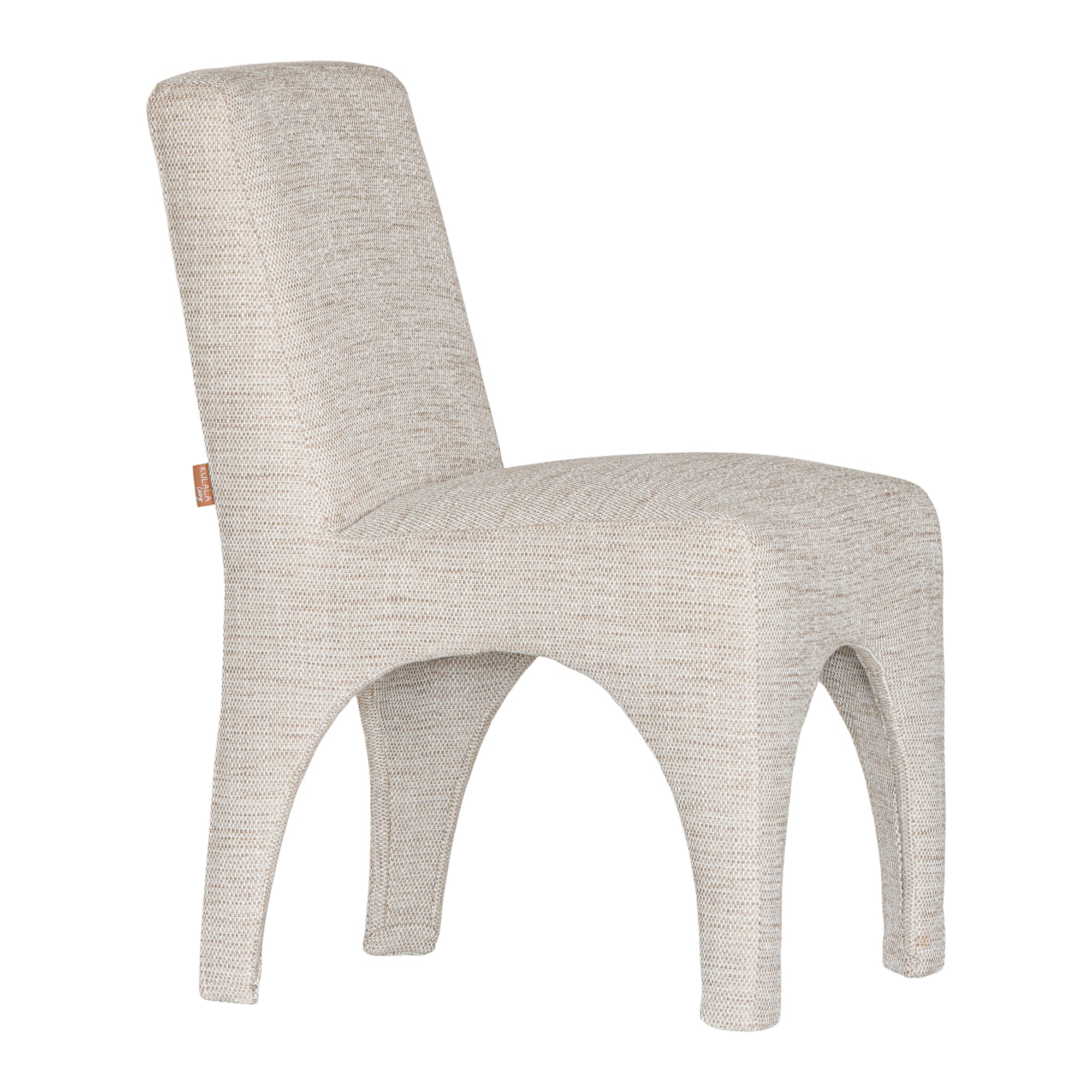 Contemporary arched dining chair upholstered in natural fabric, featuring sculptural curves and modern silhouette for refined dining spaces