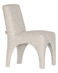Contemporary arched dining chair upholstered in natural fabric, featuring sculptural curves and modern silhouette for refined dining spaces