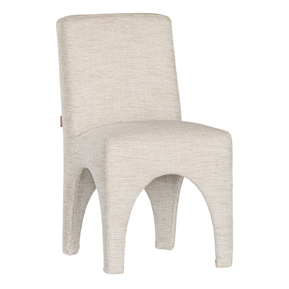 Contemporary arched dining chair upholstered in natural fabric, featuring sculptural curves and modern silhouette for refined dining spaces