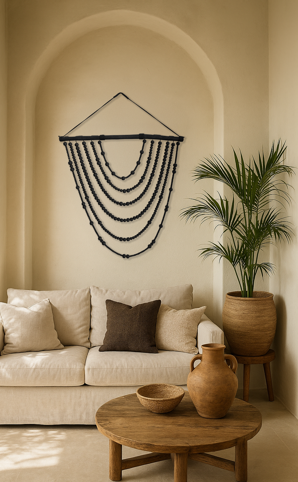 Black Tumelo String Wall Art handcrafted from teak beads, styled in a neutral living space with curved alcove, linen sofa, timber coffee table and earthenware accents from KULALA Living