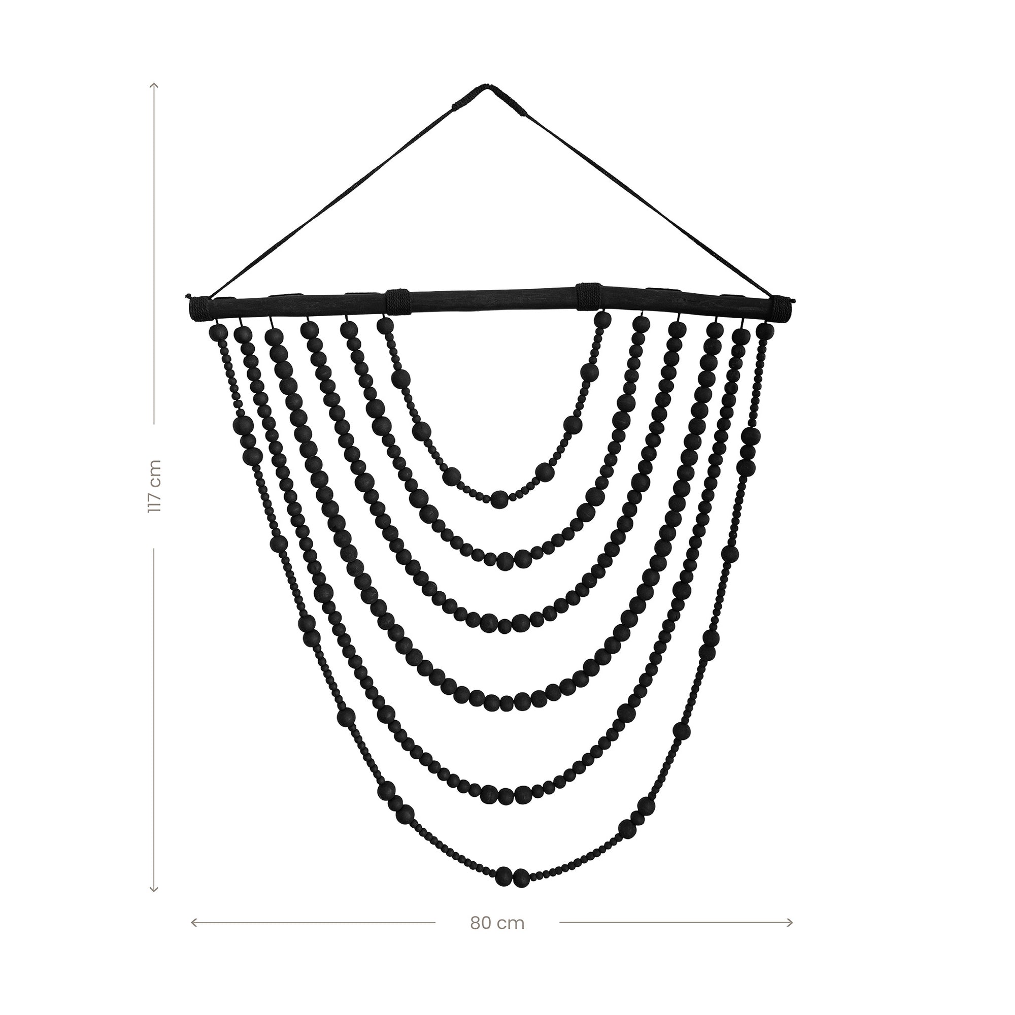 Black wooden beaded wall hanging with layered strands, creating a bold decorative statement for modern interiors