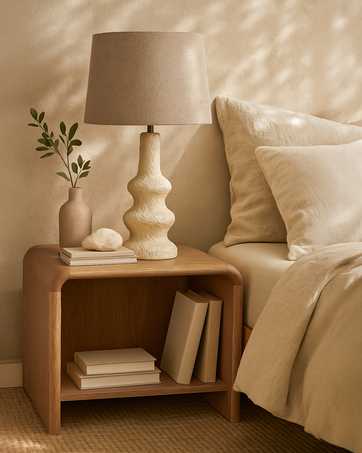 Tumuli paper mâché table lamp styled on the Flynn open bedside table in a soft neutral modern bedroom with natural light and layered linen bedding