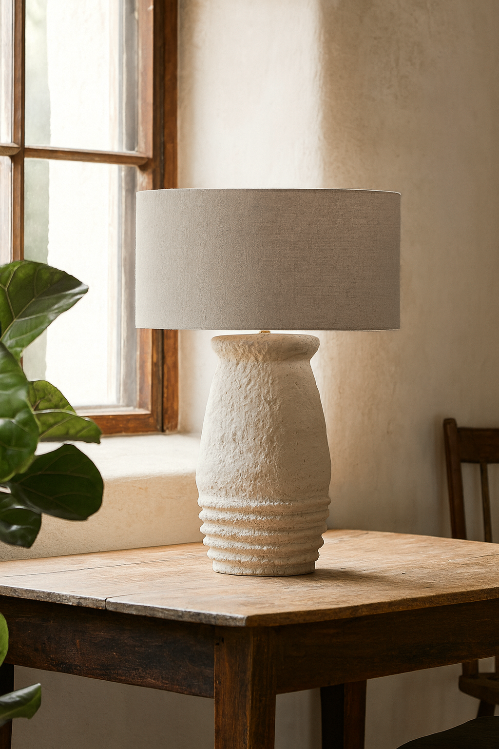 Udu Table Lamp with textured papier-mache base and linen shade styled on a timber table beside a window in a natural light-filled room
