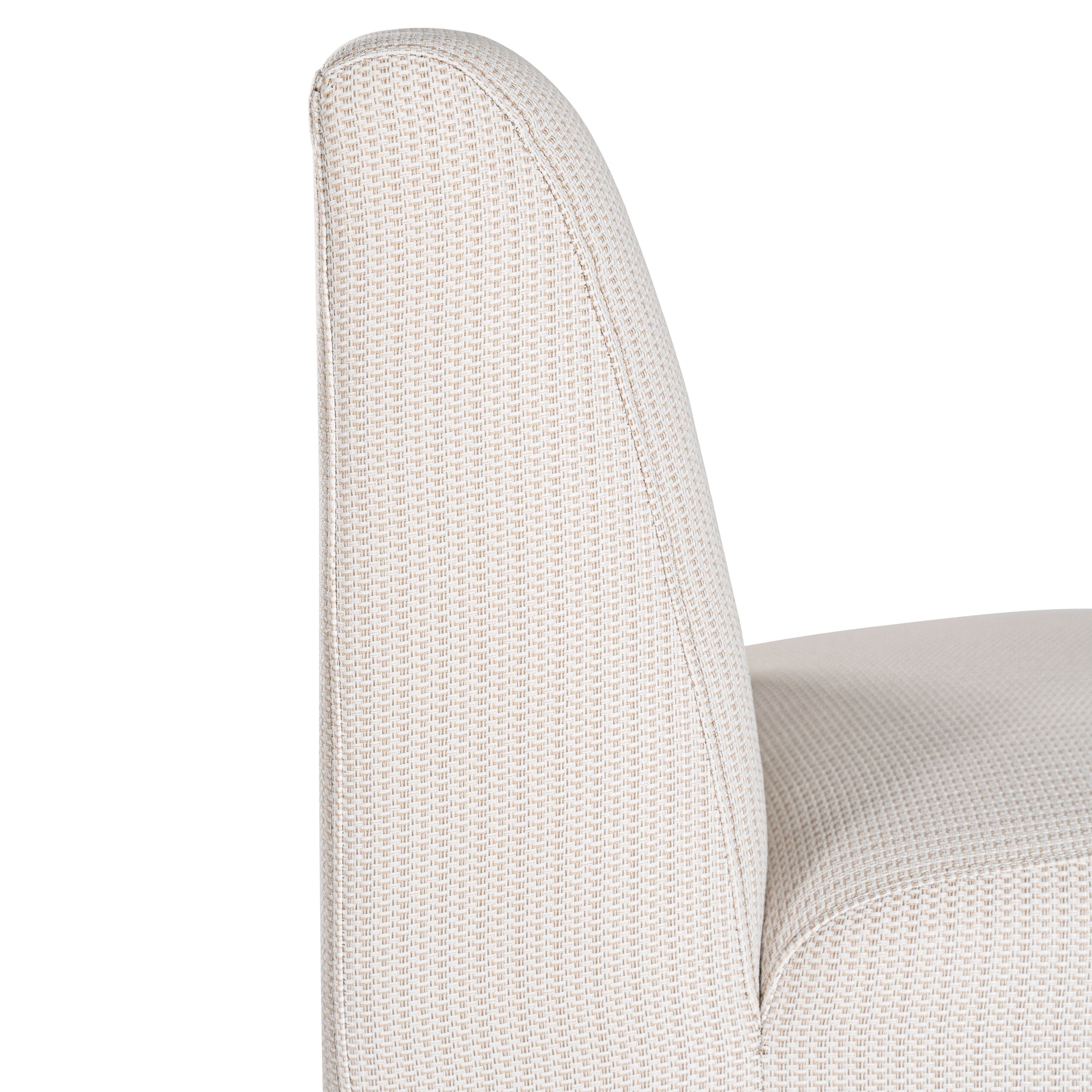 Elegant white upholstered dining chair with a modern, curved silhouette and a seamless design, perfect for contemporary and minimalist outdoors