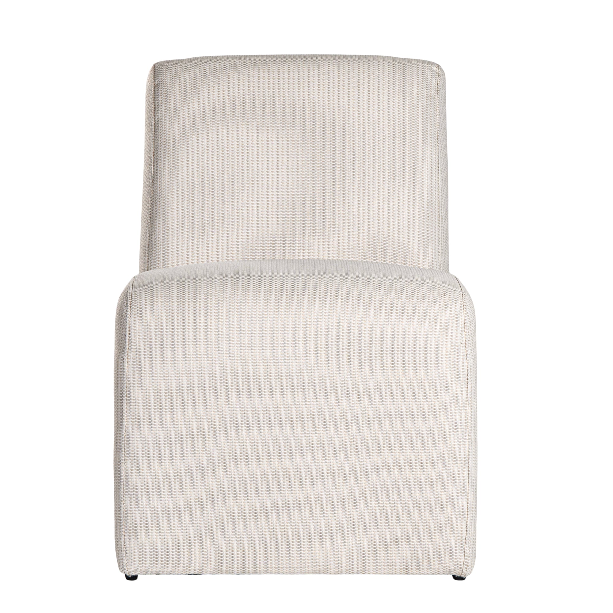 Elegant white upholstered dining chair with a modern, curved silhouette and a seamless design, perfect for contemporary and minimalist outdoors