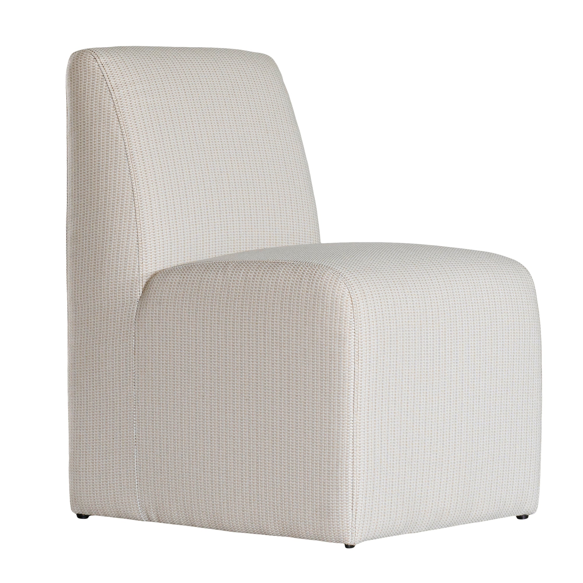 Elegant white upholstered dining chair with a modern, curved silhouette and a seamless design, perfect for contemporary and minimalist outdoors