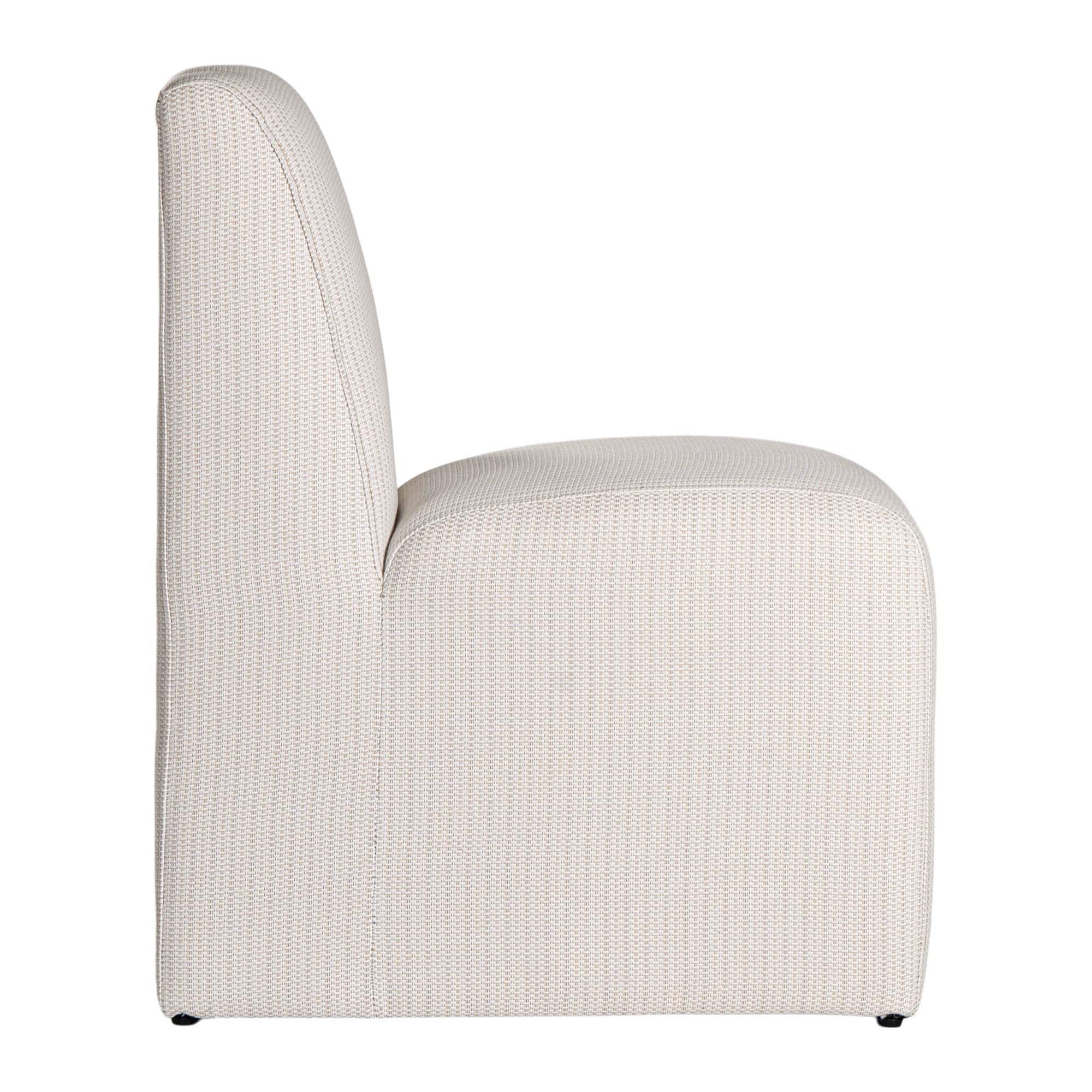 Elegant white upholstered dining chair with a modern, curved silhouette and a seamless design, perfect for contemporary and minimalist outdoors