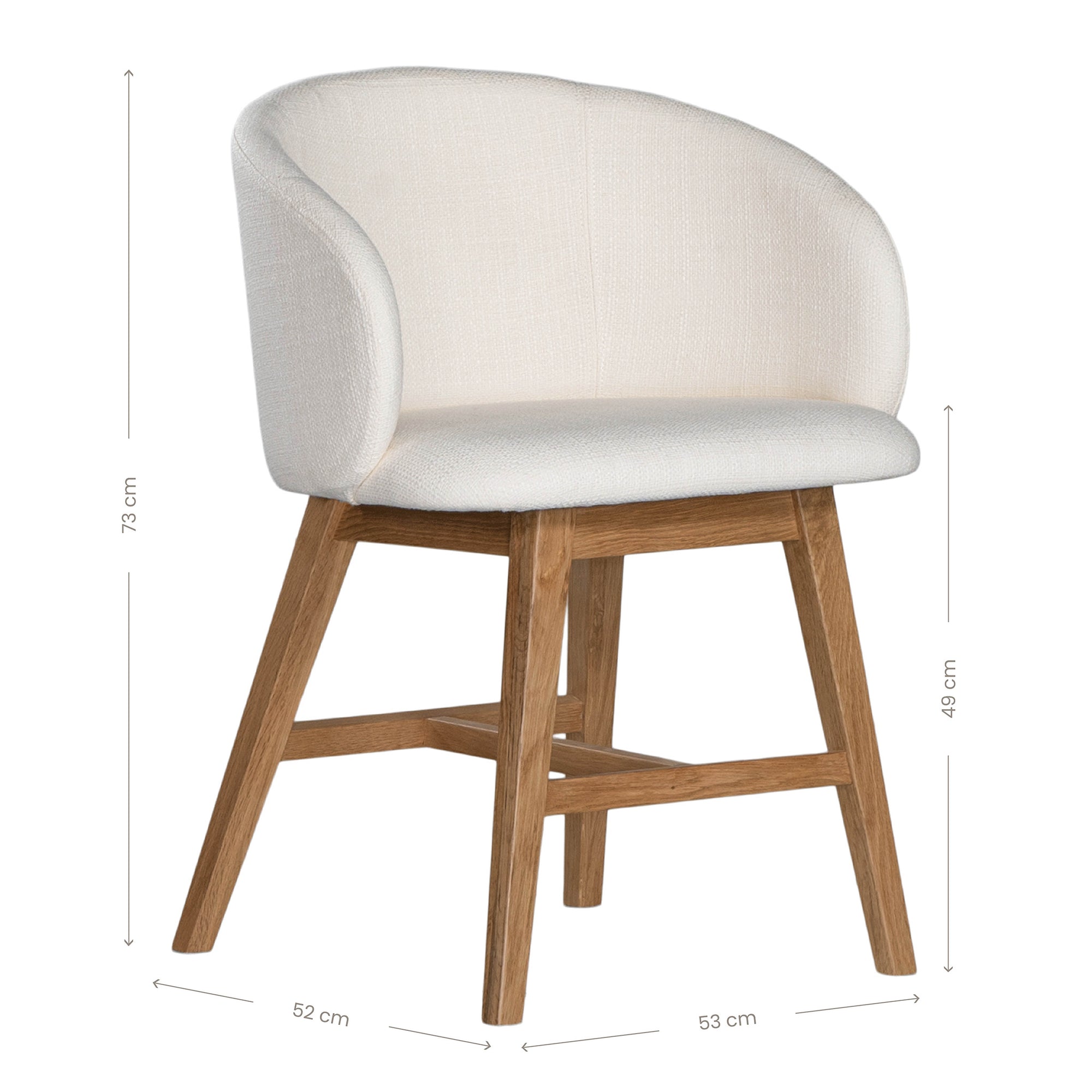 A modern upholstered dining chair featuring a curved backrest and soft white fabric, supported by sturdy oak timber legs with a natural finish