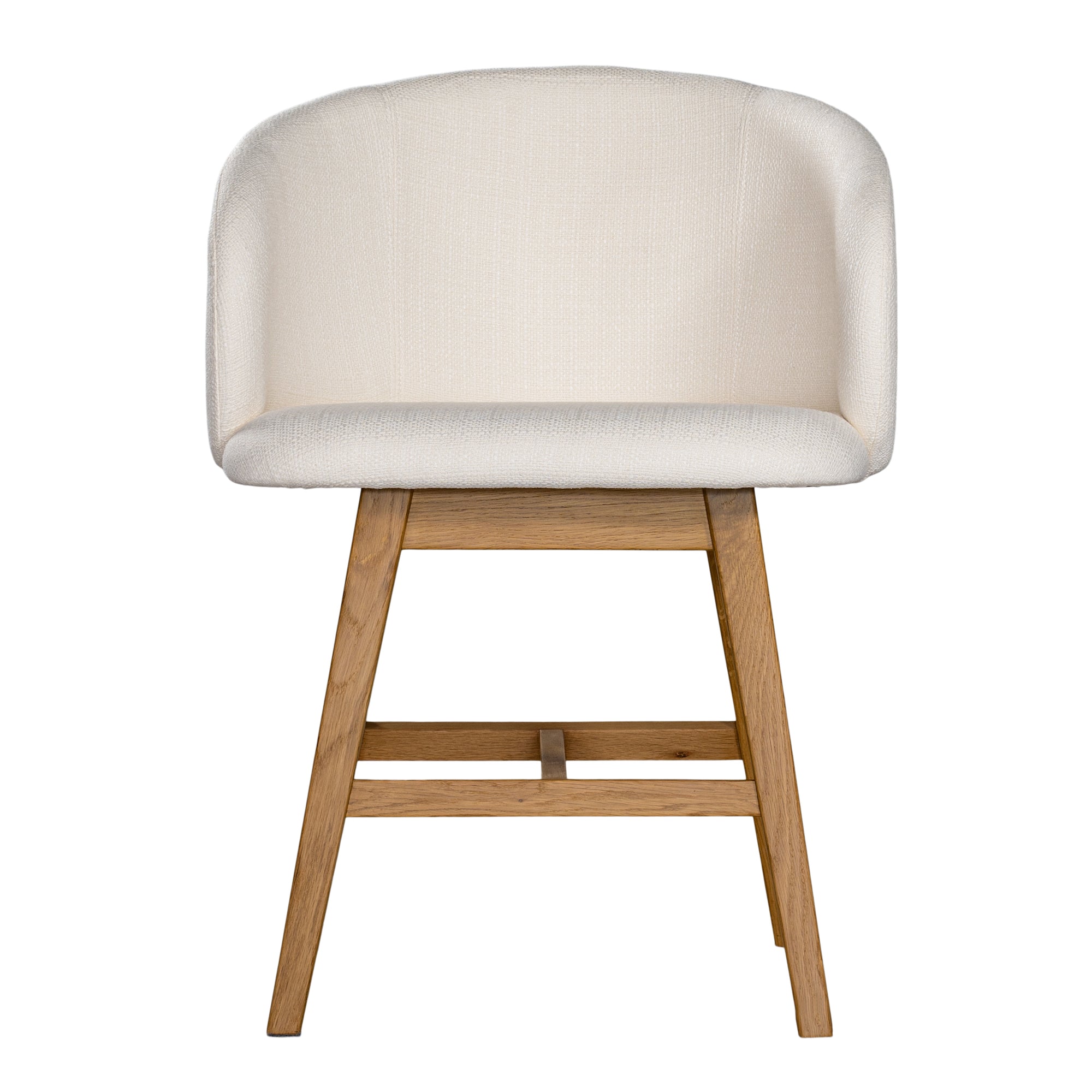 A modern upholstered dining chair featuring a curved backrest and soft white fabric, supported by sturdy oak timber legs with a natural finish