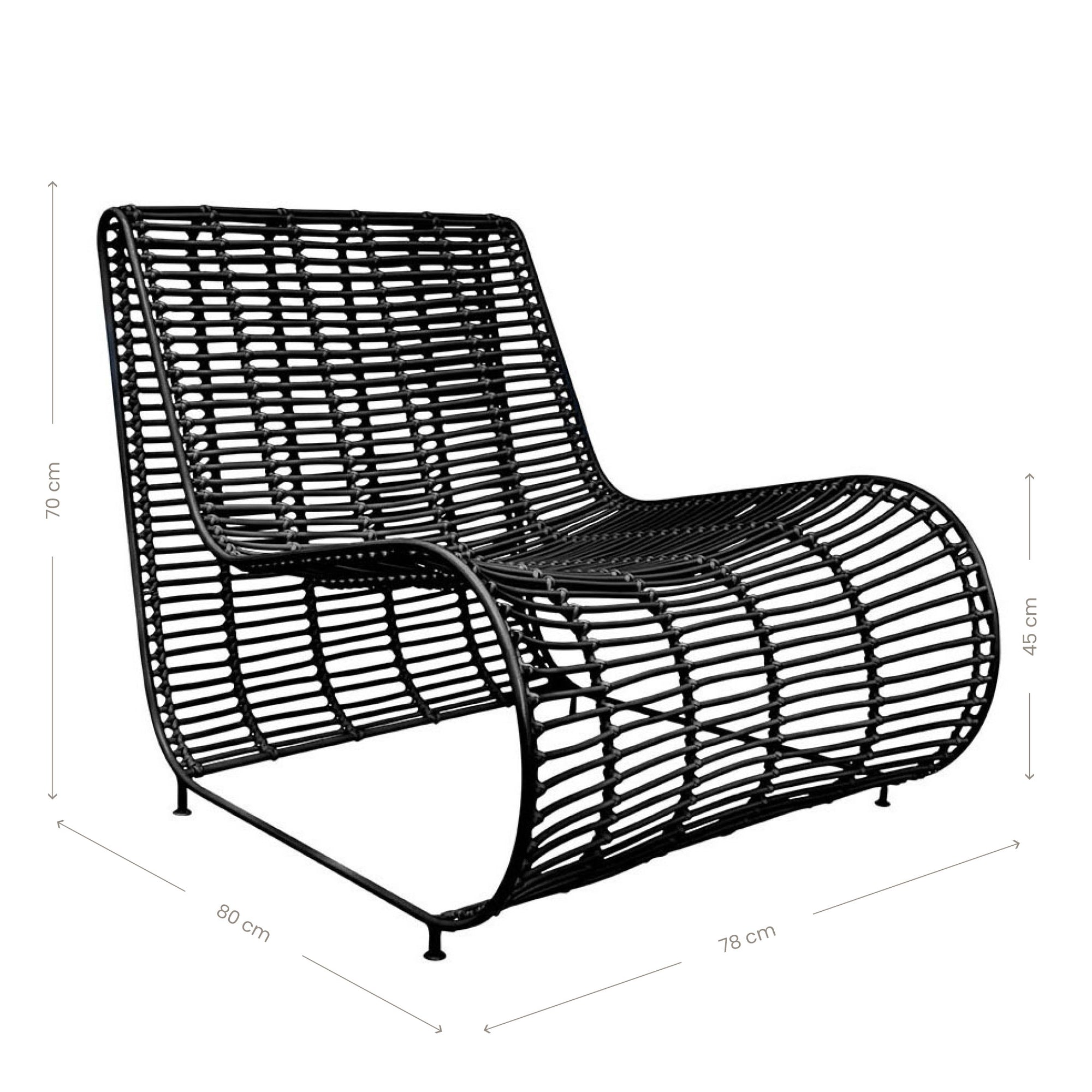 Sleek black rattan lounge chair with a modern curved silhouette and sturdy metal frame, perfect for outdoor or indoor relaxation spaces