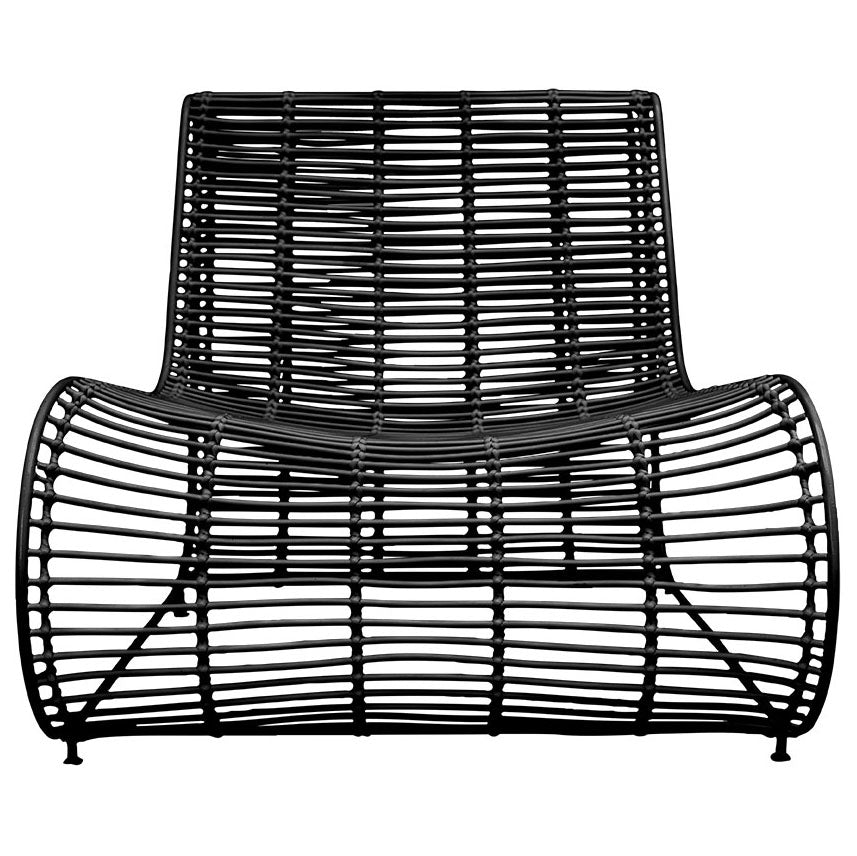 Sleek black rattan lounge chair with a modern curved silhouette and sturdy metal frame, perfect for outdoor or indoor relaxation spaces