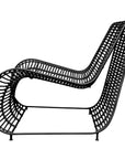 Sleek black rattan lounge chair with a modern curved silhouette and sturdy metal frame, perfect for outdoor or indoor relaxation spaces