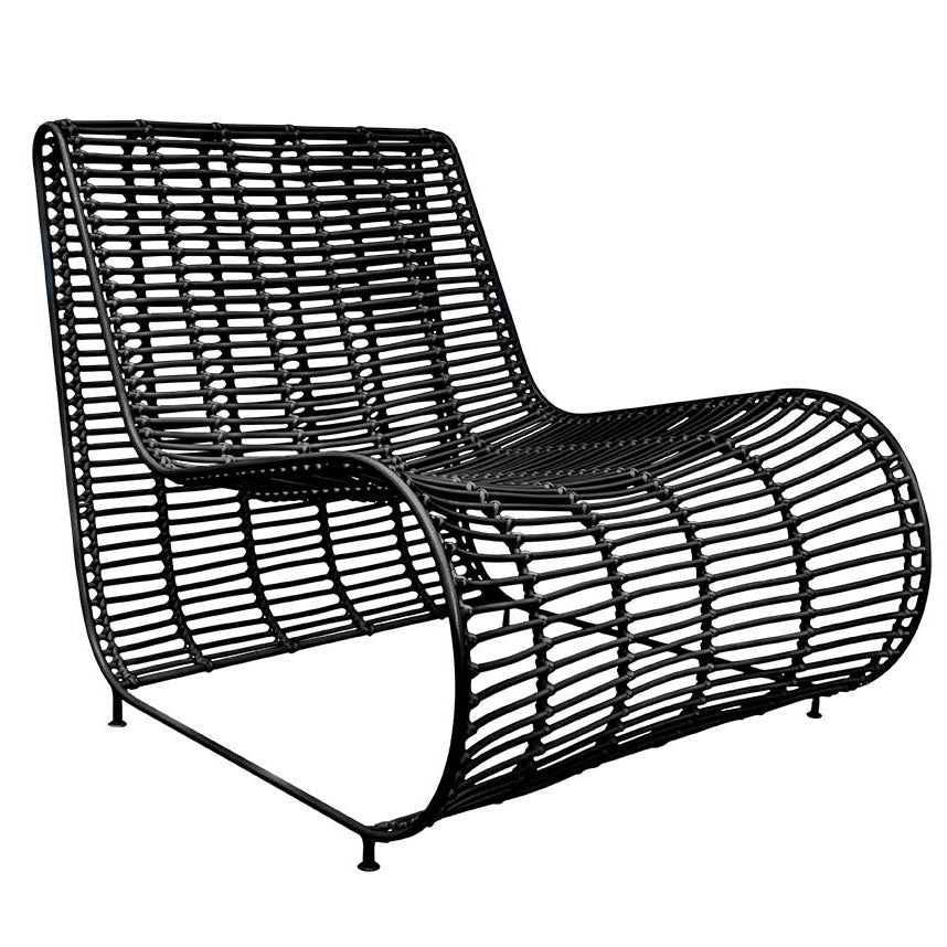 Sleek black rattan lounge chair with a modern curved silhouette and sturdy metal frame, perfect for outdoor or indoor relaxation spaces