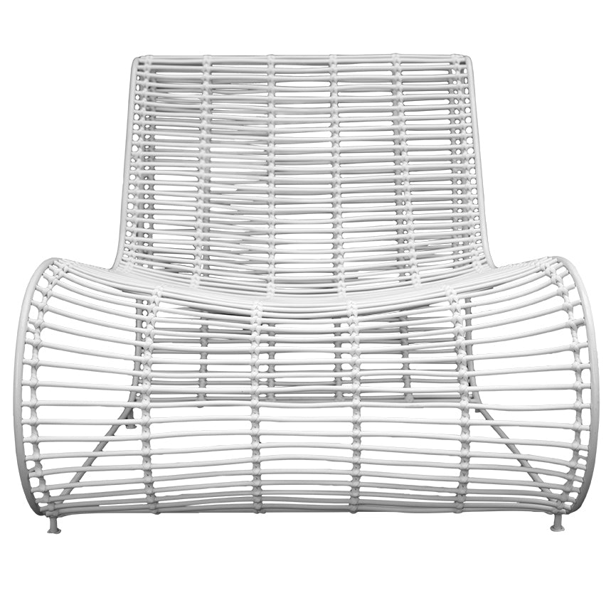 Sleek white rattan lounge chair with a modern curved silhouette and sturdy metal frame, perfect for outdoor or indoor relaxation spaces