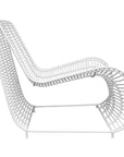 Sleek white rattan lounge chair with a modern curved silhouette and sturdy metal frame, perfect for outdoor or indoor relaxation spaces