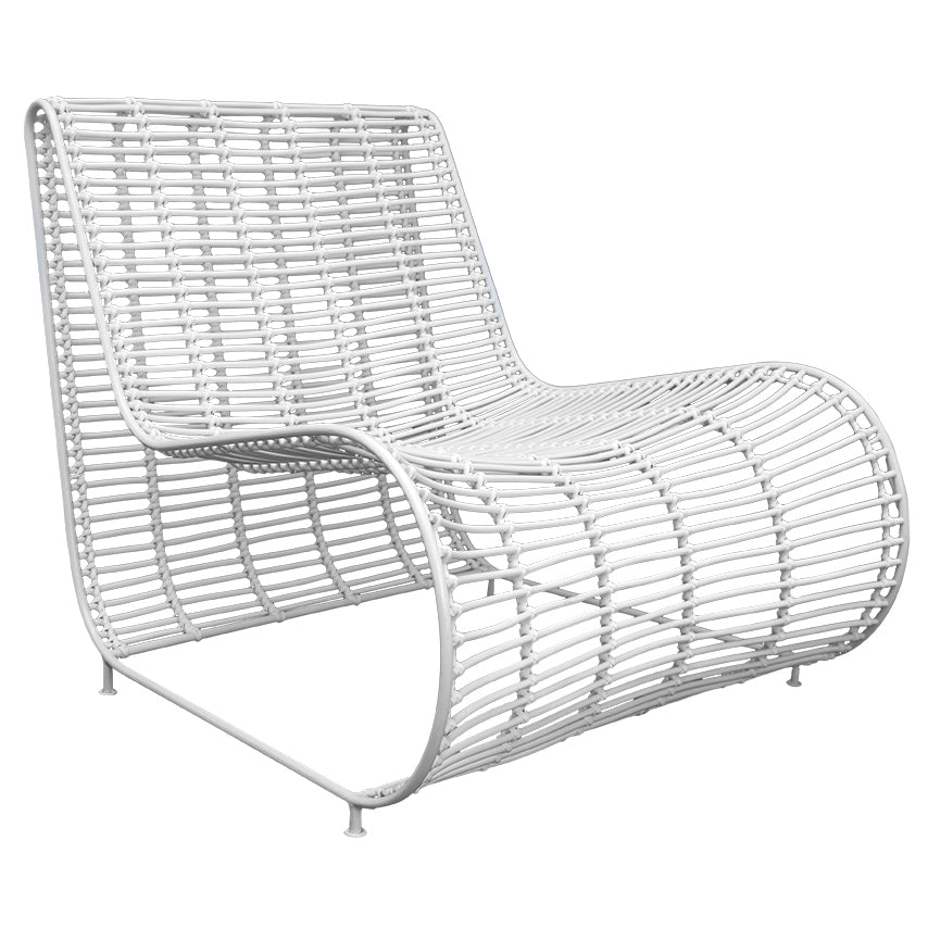 Sleek white rattan lounge chair with a modern curved silhouette and sturdy metal frame, perfect for outdoor or indoor relaxation spaces