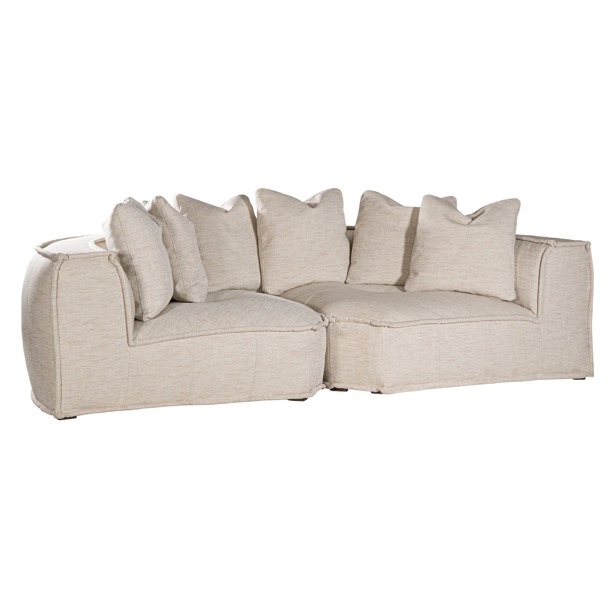 Luxurious modern curved sectional sofa with soft neutral upholstery and plush cushions, designed for ultimate comfort and contemporary living spaces