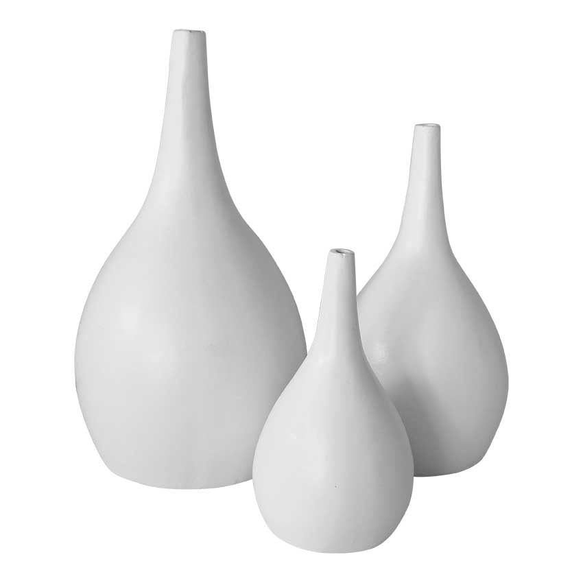 Set of three elegant white cement vases in varying sizes, featuring a smooth, teardrop-shaped design with a modern minimalist aesthetic. Perfect for adding a refined touch to any space.