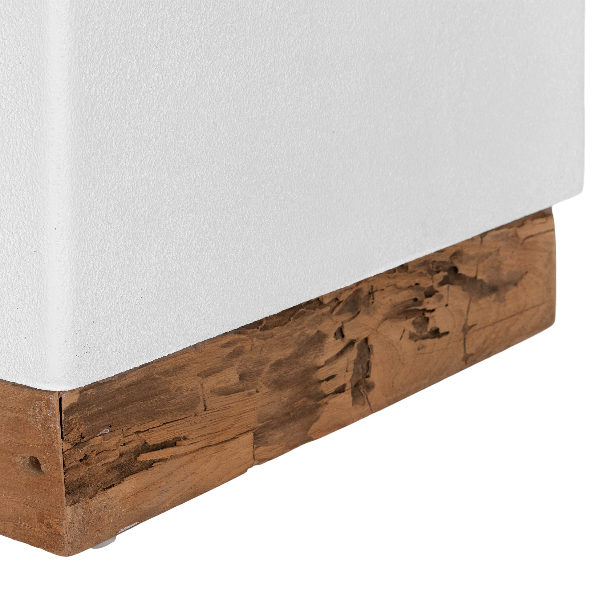 A modern square side table featuring a white plaster finish and a rustic reclaimed wood base. This versatile piece adds a minimalist yet organic touch to contemporary interiors.
